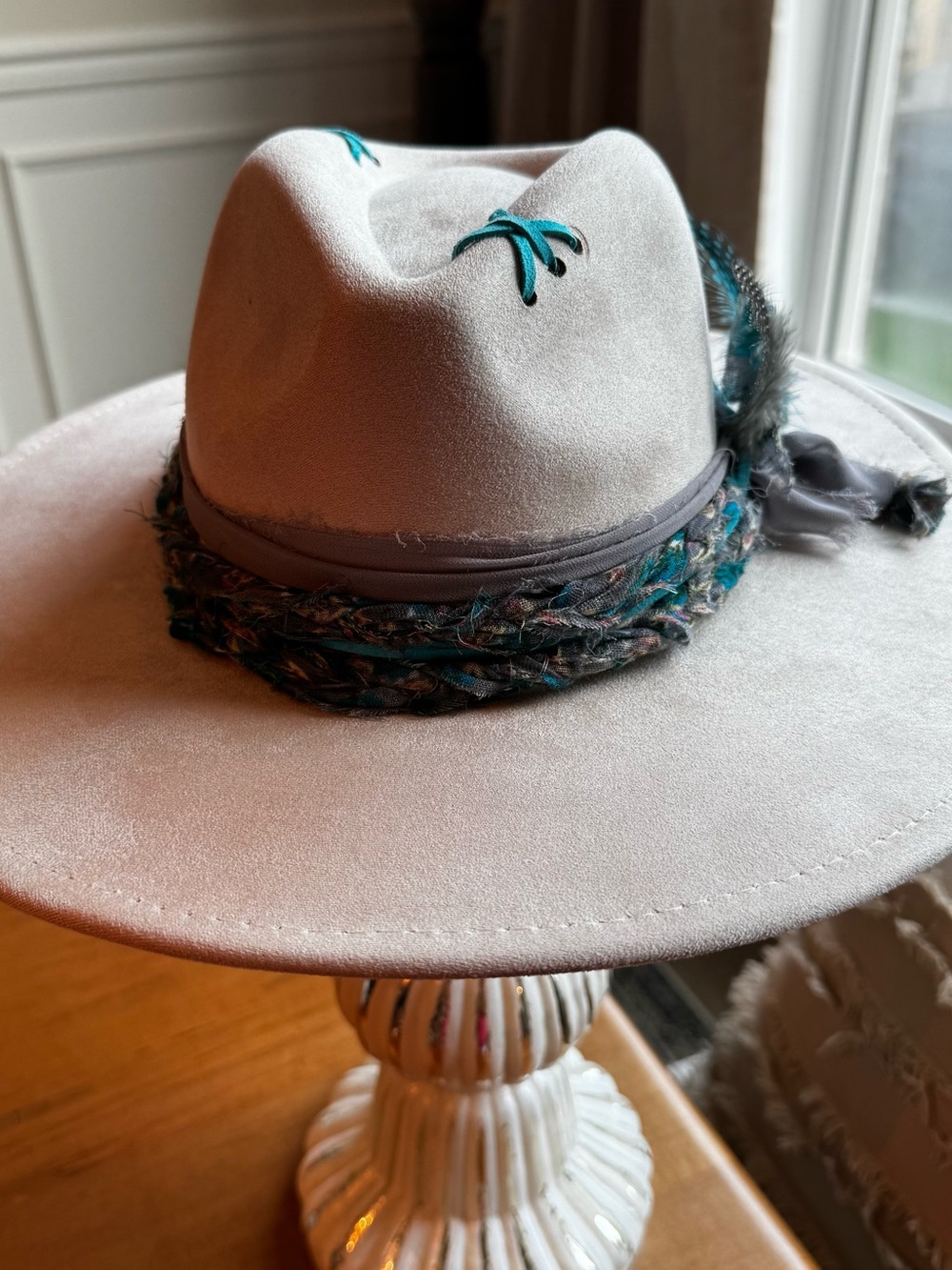 Hand Crafted Cream Vegan Suede Wide Brim Hat with Teal/Gray Accents - Picture 2 of 11